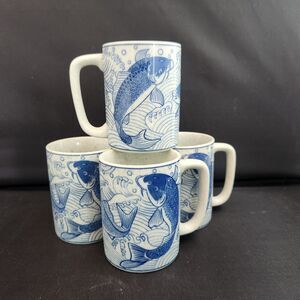 Set 4 Blue White Koi Fish Coffee Mugs Otagiri MCM Stoneware Vintage 1970s Japan